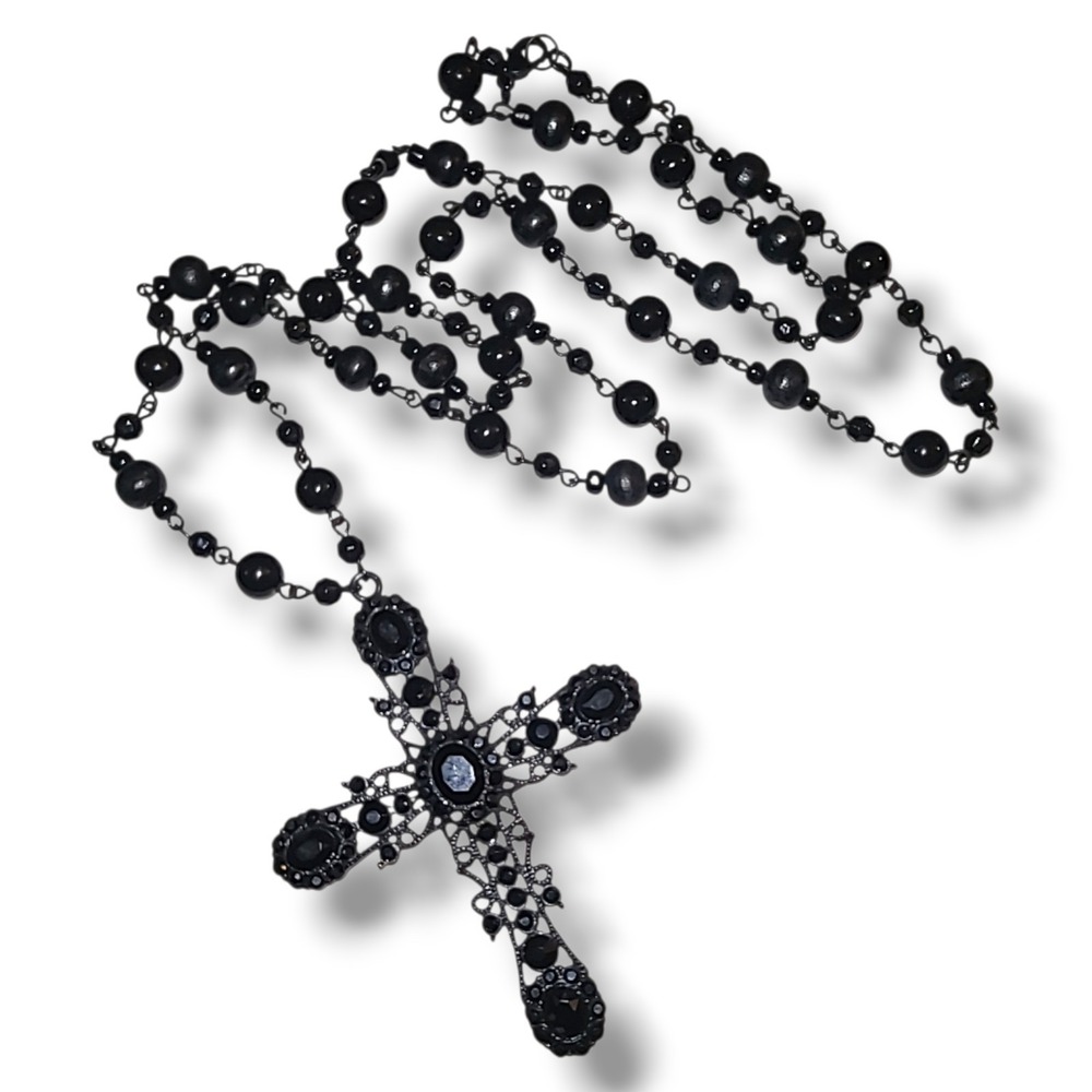 Vintage '90S Black Rhinestone‎ Cross Pendant Necklace Gothic Beaded Rosary Style